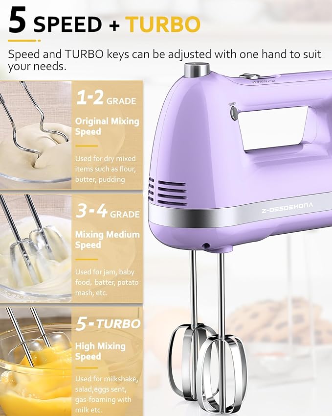 Z-DESDEMONA Electric Hand Mixer, Powerful 300W Hand Mixer Electric Handheld with 304 Beaters, Dough Hook,Hand Held Mixer with Turbo for Baking Cakes, Eggs, Cream Food(Purple)