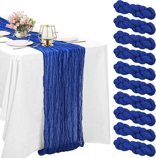 10 Pack Royal Blue Cheesecloth Table Runner 10FT Boho Gauze Fabric Table Runner Vintage Rustic Sheer Runners for Wedding Party Bridal Baby Shower Long Table Decorations