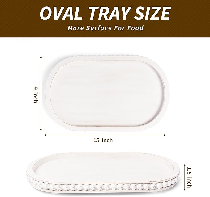 HPC Decor 15in Oval Wooden Tray - White Beaded Serving Tray, Rustic Farmhouse Vintage Centerpiece, Kitchen & Living Room Decor