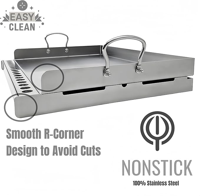 Universal Stainless Steel Flat Top Griddle Insert for Gas & Charcoal Grills – Nonstick, Even Heating & Easy Clean, Includes Turner & Scraper, Ideal for Outdoor BBQ, Tailgating & Camping, 23" x 16"