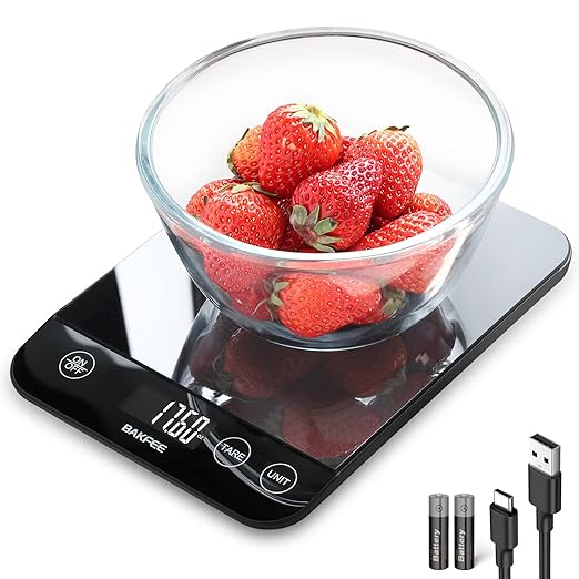 Food Scale, 33lb Rechargeable Kitchen Scale with Tempered Glass, Grams and Ounces, USB Charging, 1g High Accuracy for Baking, Cooking & Food Prep, BK807