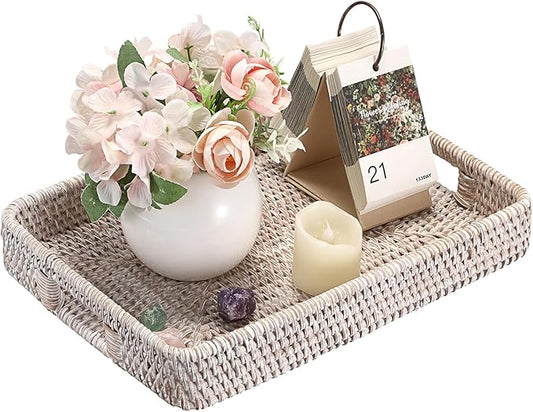Hipiwe Rattan Serving Tray with Handles Handwoven Basket Tray for Storage Breakfast Dessert Fruit Decorative Tray for Coffee Table, Whitewash