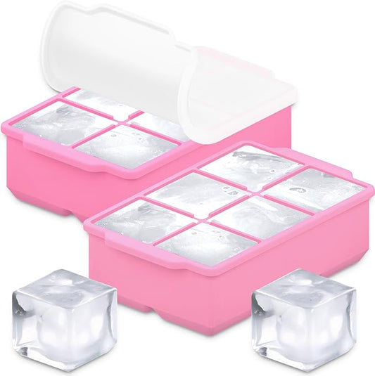KitchFort Large Silicone Ice Cube Tray (2-Pack), Easy Release 2" Big Ice Cubes - Cocktail, Whiskey Ice Cubes Mold - Ice Trays for Freezer with Lid - Stackable Silicone Ice Tray - Pink
