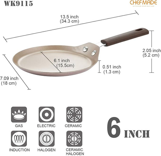 CHEFMADE Mini Crepe Pan with Bamboo Spreader, 6-Inch Non-Stick Pancake Pan with Insulating Silicone Handle for Gas, Induction, Electric Cooker (Champagne Gold)