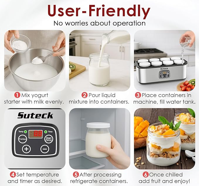 Suteck Yogurt Maker - Stainless Steel Yogurt Makers with Adjustable Time & Temp Control，Automatic Shut-Off & Constant Temper for Homemade Greek, Probiotic Yogurt, BPA-Free 8 Glass Jars (48 oz), Black