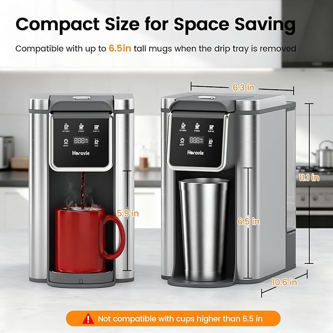 Single Serve Coffee Maker for K-Cup Pod and Grounds, Hot and Iced Coffee Maker, 6 to 14oz Brew Sizes, Strong Button Feature, 50oz Removable Reservoir, Up to 6.5 Inch Cup, Stainless Steel, Grey
