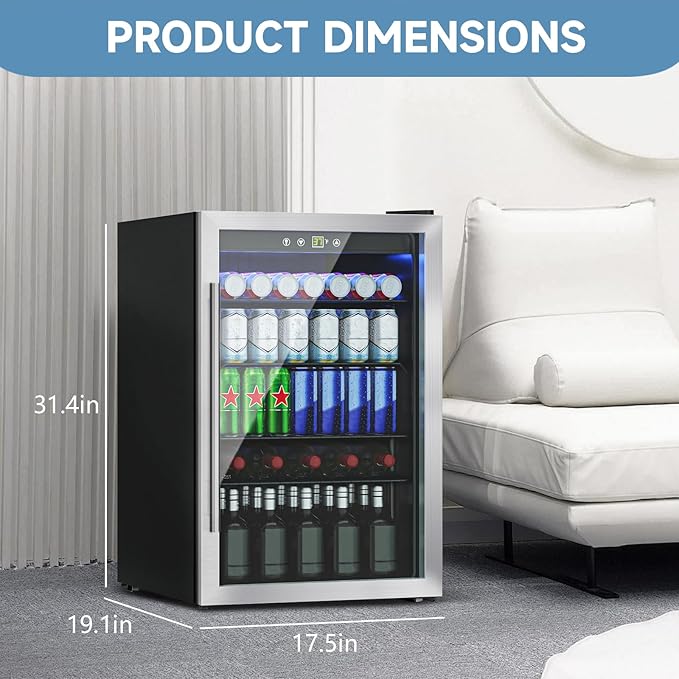 Stopasd Compact Beverage Refrigerator, 4.5 Cu.Ft/145 Can Drink Fridge with Glass Door and Digital Display, Small Drink Fridge with Adjustable Shelves for Soda, Compact Fridge for Bar Office