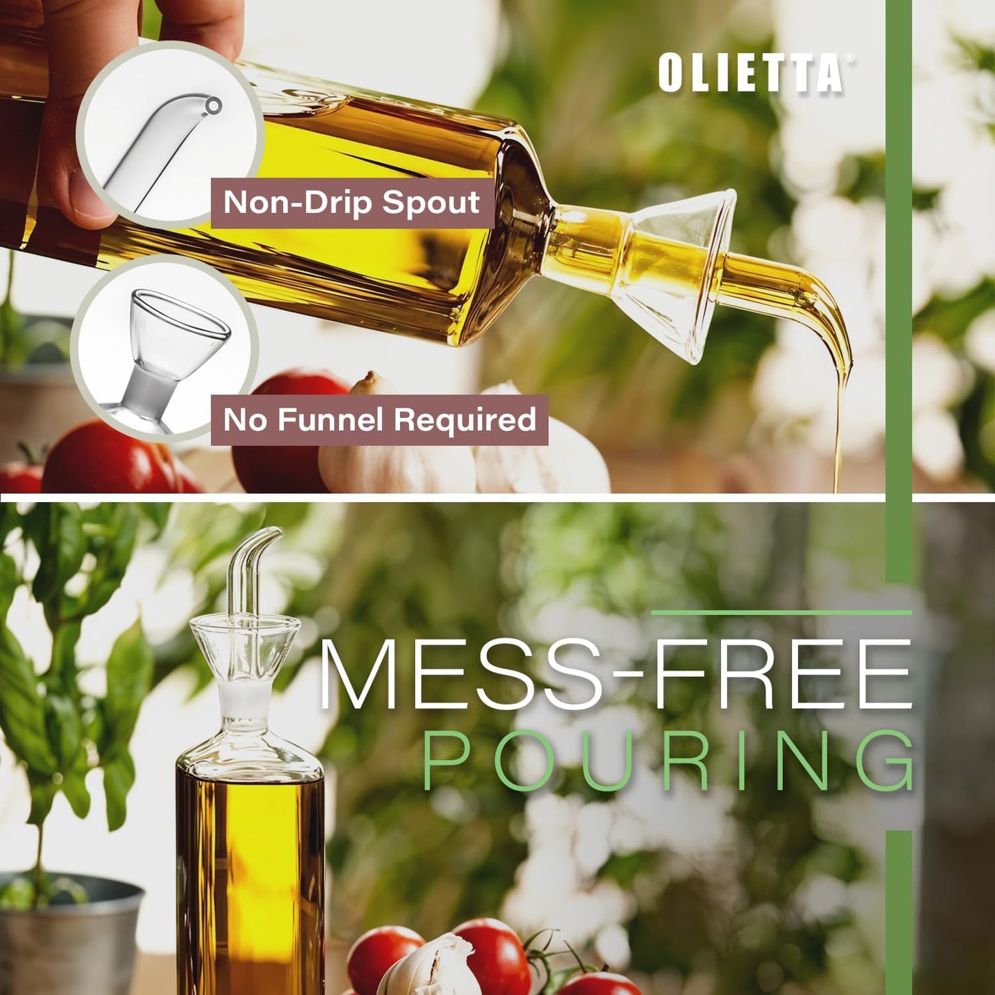 Olietta Olive Oil Dispenser Bottle Borosilicate Glass - Non Drip Oil Dispenser for Kitchen, Leak Proof Vinegar Drizzler Cruet, Easy Clean, 17 Ounces, Modern