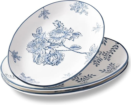 Ceramic Serving Platters, 12 Inch Large Serving Trays, Oval Plates for Dessert Appetizers Meat/Entertaining/Party, Blue and White, Set of 3