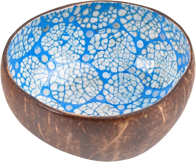 ChezMax Natural Coconut Bowl with Mother of Pearl Inlaid Shell - Handcrafted Home Decoration, Entryway Table Key Bowl or Candy Container, Fruit and Nuts Holder (Blue)