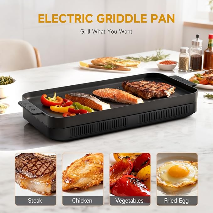AMZCHEF Portable Indoor Grill: 1800W Electric Grill Griddle with Removable Grill Pan, 5 Temperature Levels & 99 Min Timer Electric Griddle