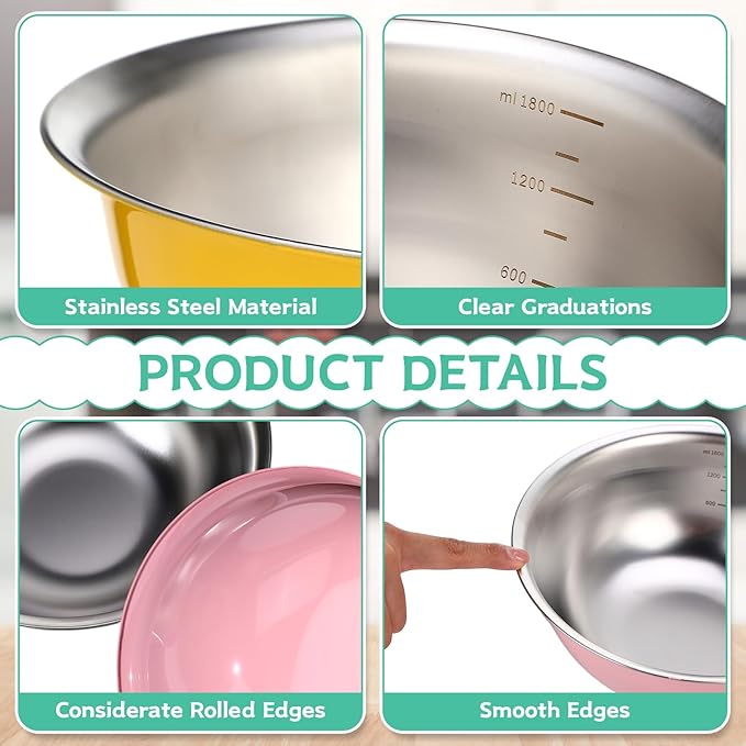 10 Pcs Stainless Steel Mixing Bowls 68 oz Metal Salad Bowls with Graduations Reusable Baking Food Containers Nesting Camping Bowl for Ice Cream, Salad, Soup, Baking, Sauces(8.9 x 3.5 Inch)