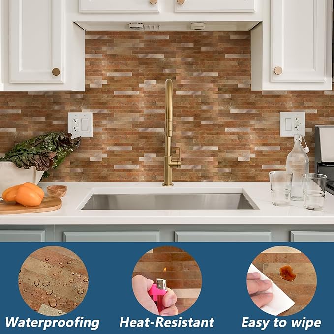 Yipscazo 10 Sheets PVC Wall Tiles Stick on Tiles for Backsplash Kitchen, Bathroom, Laundry Room, Camper, Fireplace (6'' X 12'', Copper Metal)
