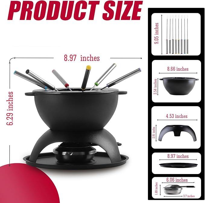 Artestia Cast Iron Fondue Pot for Chocolate, 5-Cup Cheese Fondue Pot with 6 Colored Forks for Fondue Party, 4-6 Person, Black