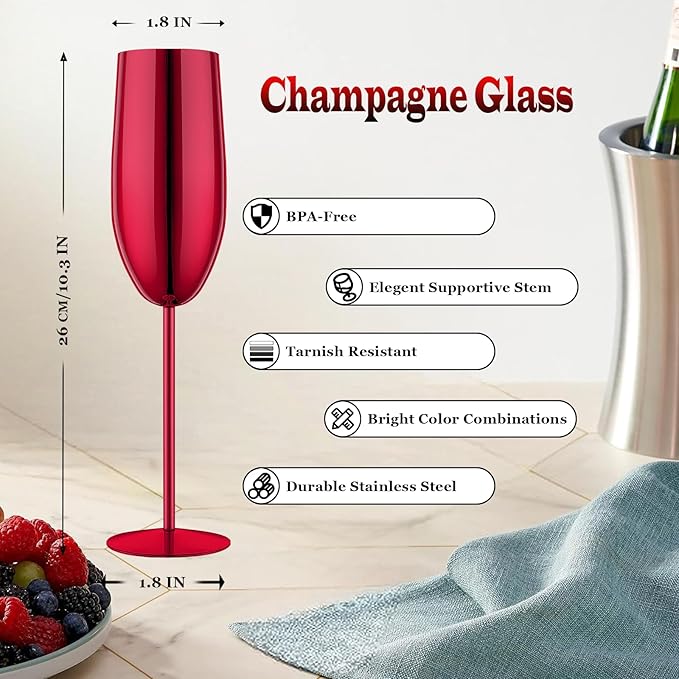 Stainless Steel Champagne Flutes Set of 4-Wedding &Birthday Gifts,8.5 Oz Unbreakable Champagne Glass with Long Stem,Reusable Indoor Outdoor Drinkware (Red)