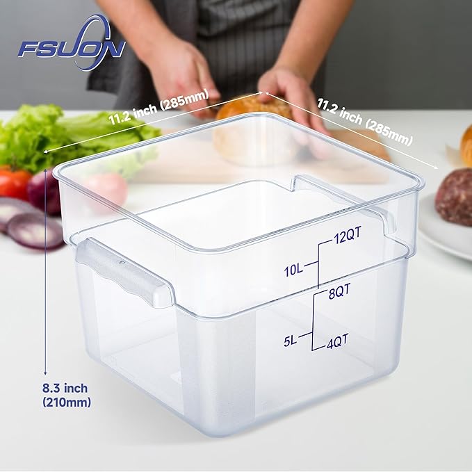 FSUON 4 Pack Clear Food Storage Containers with Lids and Handles Polycarbonate Square Commercial Food Containers, NSF (12Qt)