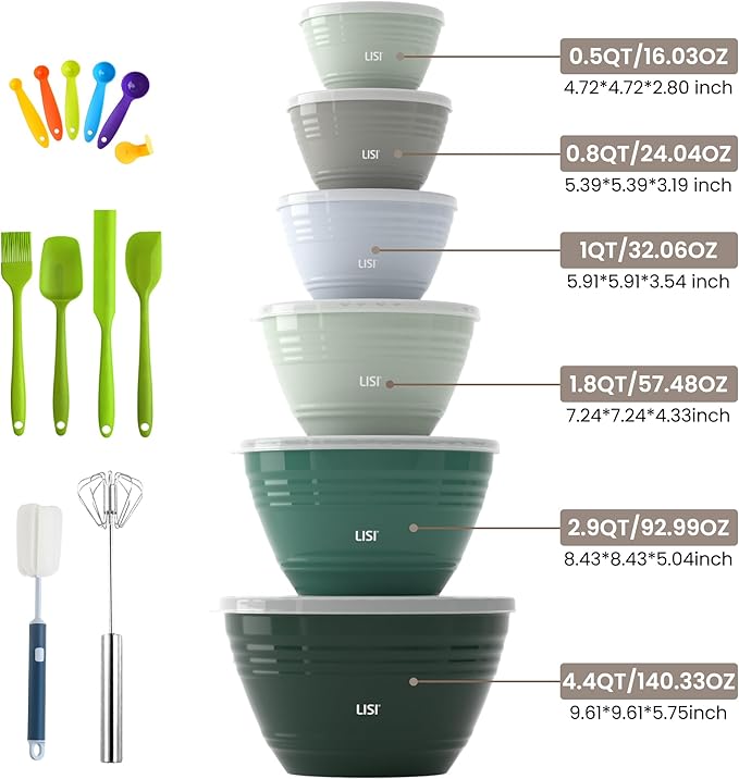 LISI 6 Pack Mixing Bowl Set with Lids, Plastic Bowls for Kitchen, Nesting Salad & Meal Prep Bowls, BPA-Free, Large Storage Bowl with Airtight Lids
