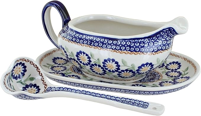Blue Rose Polish Pottery Peach Blossom Gravy Boat & Ladle