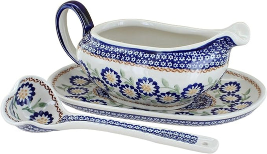 Blue Rose Polish Pottery Peach Blossom Gravy Boat & Ladle