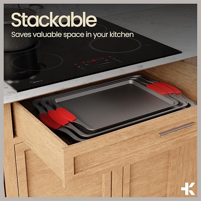 BAKKENMASTER 18-Piece Kitchen Oven Baking Set: Nonstick Gray Marble Coating, Carbon Steel Bakeware, Silicone Handles, Dishwasher Safe, Professional Quality, PFOA-Free