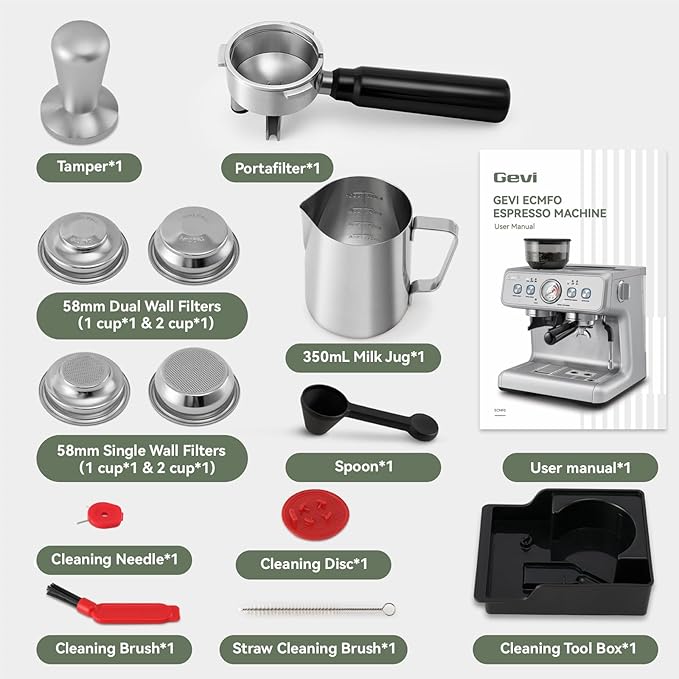 Gevi Dual Boiler Espresso Machine with Built-in Grinder, 58mm Commercial Portafilter, Barista Steam Wand, 31 Grind Settings, Stainless Steel, for Home Barista Use, Sterling Silver