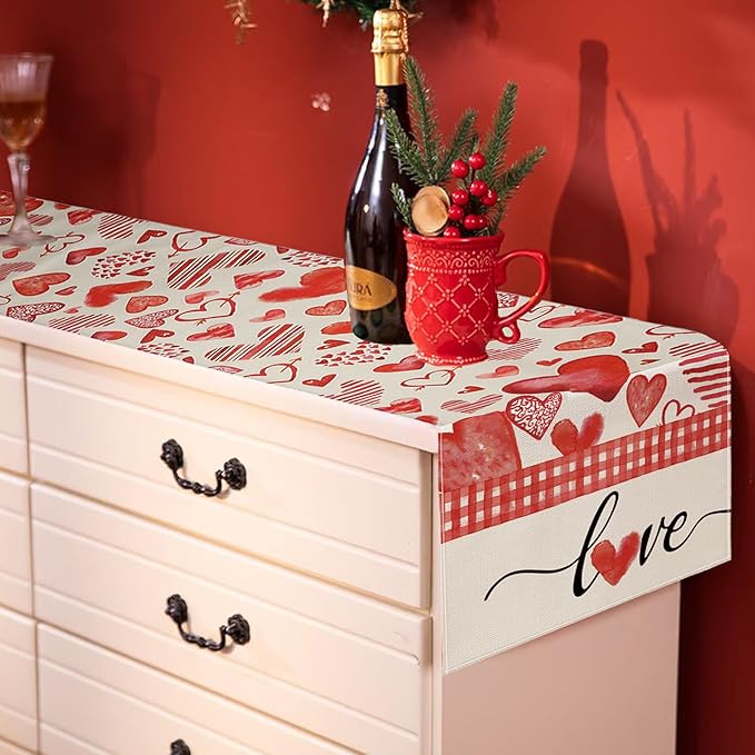 Valentine's Day Table Runner Decorations, Linen Red Table Scarf for Home Kitchen Dining Table Decoration Valentine Party Heart Shaped Decor Holiday Farmhouse Rustic Table Runner（13 x 72 Inch）