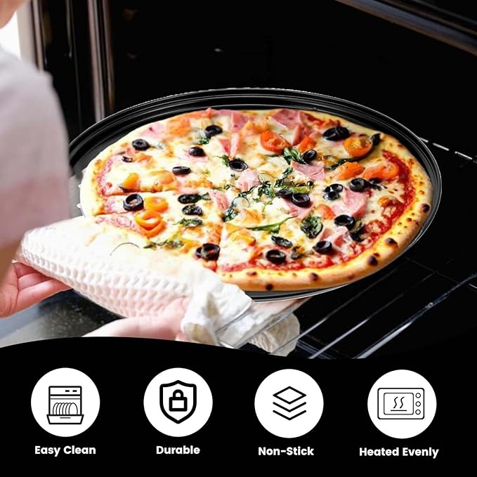 Tolare 4 Pack 12 Inch Round Pizza Pan with Holes, Pizza Tray for Oven Carbon Steel Non-Stick Platter Bakeware, Baking Pans, for Home Restaurant Kitchen Baking(Black)