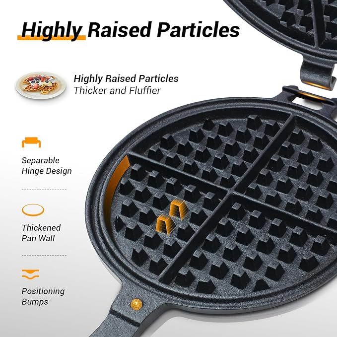 Professional 8-inch Cast Iron Waffle Maker Stove Top | 8 lbs Thickened Body, Quick Heating, Non-Coated Surface | Rustic Round Cast Iron Waffle Iron