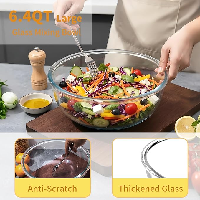 6.5Qt Extra Large Glass Mixing Bowls, Clear Large Salad Bowls,Thickened Glass Big Mixing Bowls Salad Bowls Cooking Bowl for Kitchen Prepping Storing Baking Serving, Fruit, Snacks, Borosilicate Glass