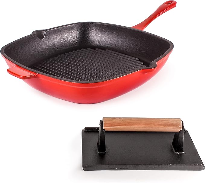 Berghoff Neo 2Pc Enameled Cast Iron Grill Set, Grill Pan 11 inches, Bacon/Steak Press 8 inches, Fast, Evenly Heat, Oven safe (Red)