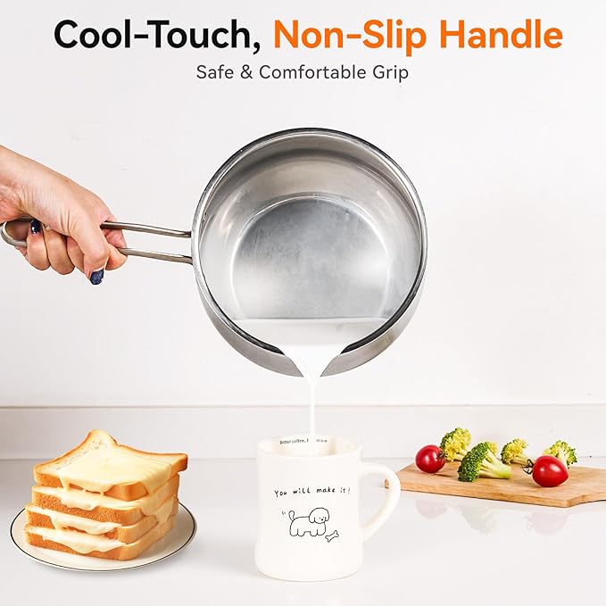 WANGYUANJI 2.5 Quart Stainless Steel Saucepan with Steamer Insert, 2-in-1 Sauce Pot with Lid & Steamer Basket, Tri-Ply Bottom Induction Cookware for Boiling, Soup, Milk, Silver