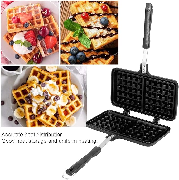 Double Sided Cast Iron Waffle Maker, Nonstick Waffle Maker Pan, Metal Grilled Sandwich Maker Pan, Waffle Iron for Stovetop or Grill, Grill Cheese Sandwich Maker for Kitchen Breakfast