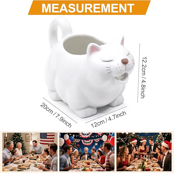 Ceramic Gravy Boat,700ML/23Oz Cat Sauce Jug with Hand Painted White Fine Porcelain - Perfect for Serving Jars of Salad Dressing, Broth, Cream, Milk for Thanksgiving, Halloween, Christmas