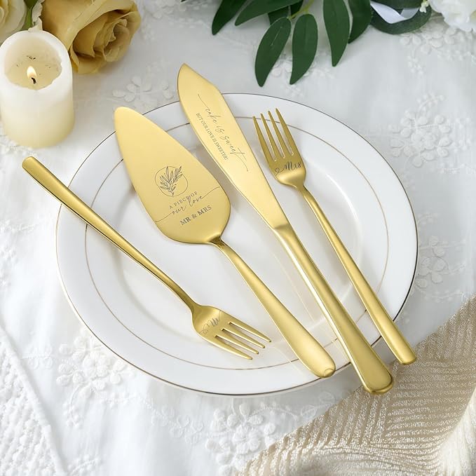 AW BRIDAL 4Pcs Wedding Cake Cutting Set with Forks, Stainless Steel Engraved Wedding Cake Knife Pie Server Gifts for Bridal Shower Engagement, Gold