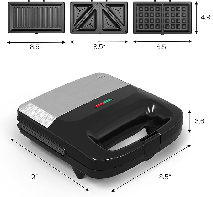 Sunvivi Waffle Iron, Panini Press Grill and Sandwich Maker Set, 3 in 1 Electric Sandwich Press with Removable Non-Stick Plates, Indicator Lights