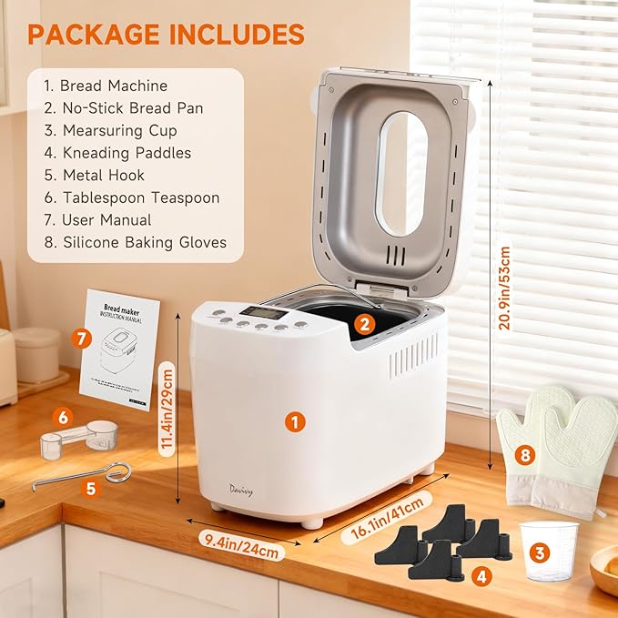 Davivy 3.3LB Bread Maker – 15-in-1 Automatic Bread Machine with Silicone Baking Gloves, Dual Kneading Paddles, Nonstick Pan, 15-Hour Delay Timer, 3 Loaf Sizes & 3 Crust, Nut Add-In Reminder