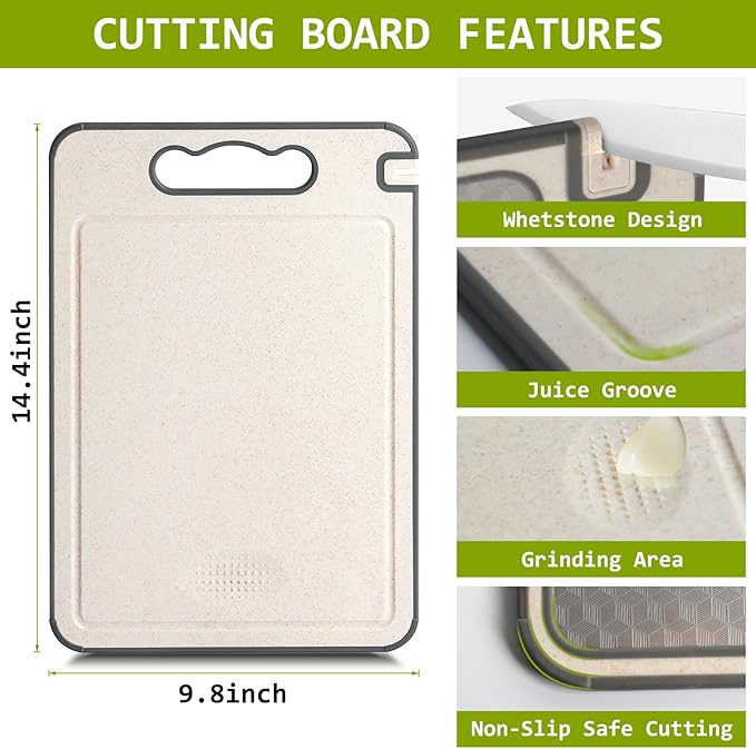 NTIERA 3-in-1 Stainless Steel Cutting Board for Kitchen, Double Sided,Non Toxic Cutting Board,Scratch-Resistant Mesh Design with Juice Groove,Easy Clean,Wheat Straw PP Large Chopping Board 15''*10''