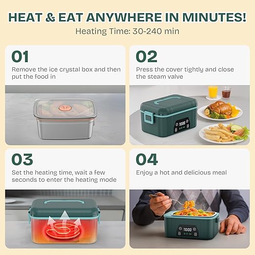 Cordless Heated Lunch Box, Smart Timer Automatic Heating Food Warmer for Adults, 5.5-Cup Portable Electric Lunch Container with Handheld Insulated Bag