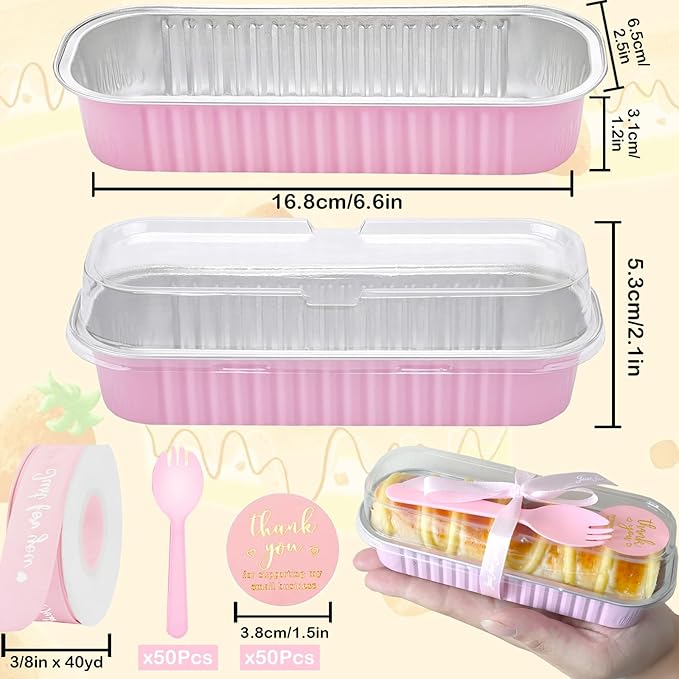 BZIDII 50 Pack Mini Loaf Pans with Lids and Spoons, 6.8 Oz Mini Cake Pans with Lids for Baking,Pink Disposable Rectangle Aluminum Foil Loaf Pan with Ribbon Stickers，Small Cake Containers Tin（Pink）