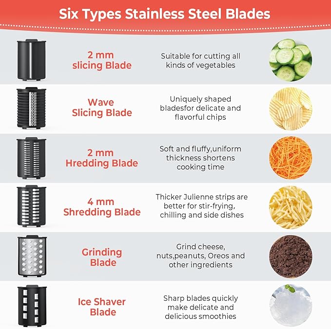 Electric Cheese Grater, Salad Maker with 6 Replaceable Multi-use Blades, 250W Electric Cheese Shredder, One-Touch Kitchen Slicer Salad Machine for Vegetables, Fruits, Cheeses, Nuts