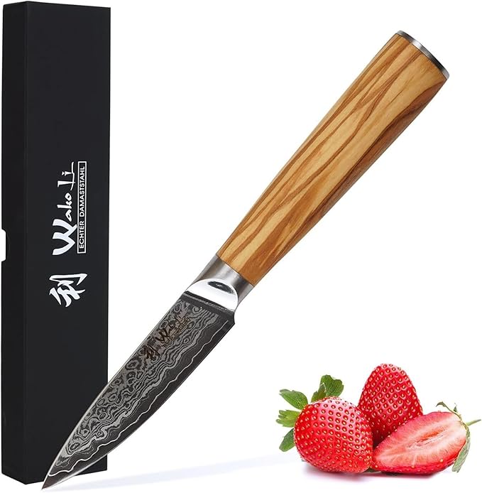 Wakoli Oribu Damascus Paring Knife – Full Tang Kitchen Knife | 3.4-Inch Blade Made of 67-Layer Damascus Steel with AUS-10 Core | Ergonomic Olive Wood Handle | Sharp & Durable