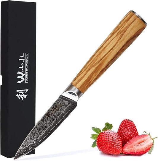 Wakoli Oribu Damascus Paring Knife – Full Tang Kitchen Knife | 3.4-Inch Blade Made of 67-Layer Damascus Steel with AUS-10 Core | Ergonomic Olive Wood Handle | Sharp & Durable