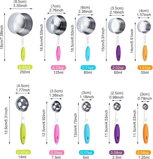 Measuring Cups and Spoons Set of 10 Piece, 18/8 Stainless Steel Nesting Measuring Cups Set for Cooking, Measuring Spoons Set