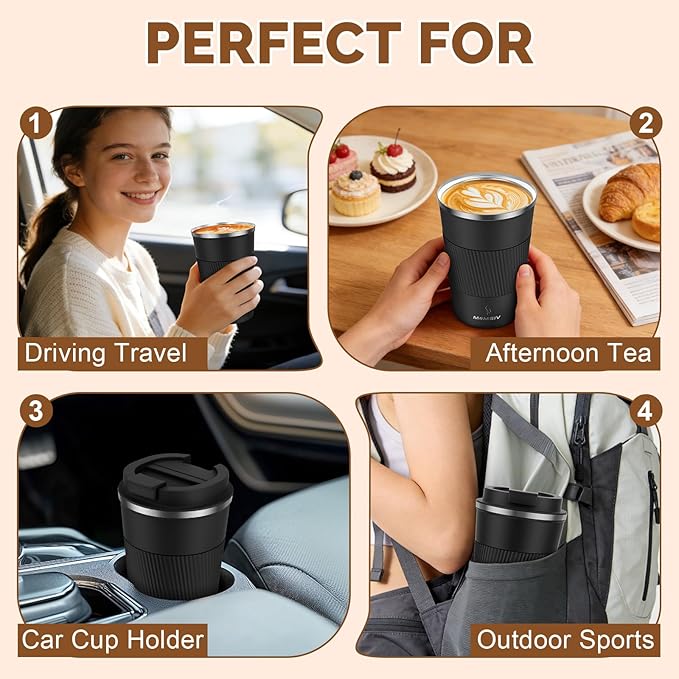 MOMSIV 12oz Travel Mug, Insulated Coffee Cup with Leakproof Lid, Vacuum Stainless Steel Double Walled Reusable Tumbler for Hot and Cold Water Coffee and Tea In Travel and Car (Black - 380ml)