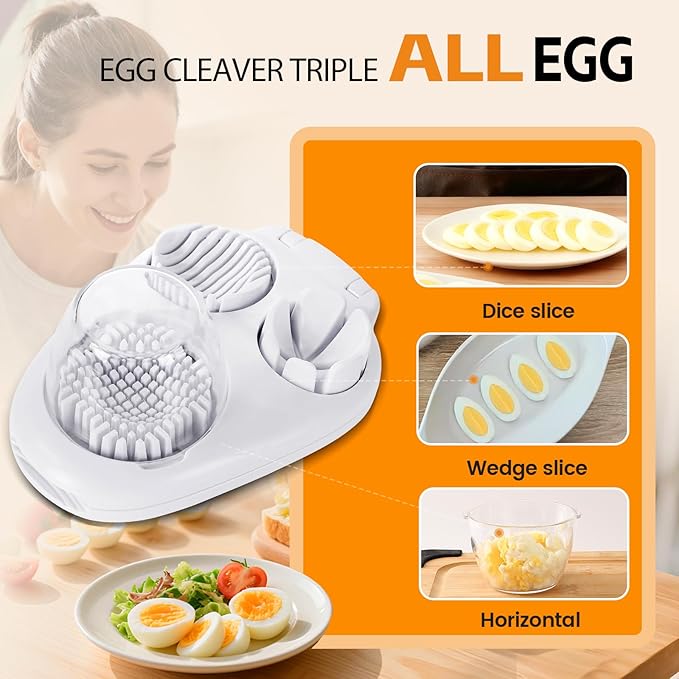 3-In-1egg Slicer For Hard Boiled Eggs,Stainless Heavy Duty Steel Egg Slicer Kitchen Gadget, Fit Strawberry,Apple,Banana,Cherry,Tomato,White