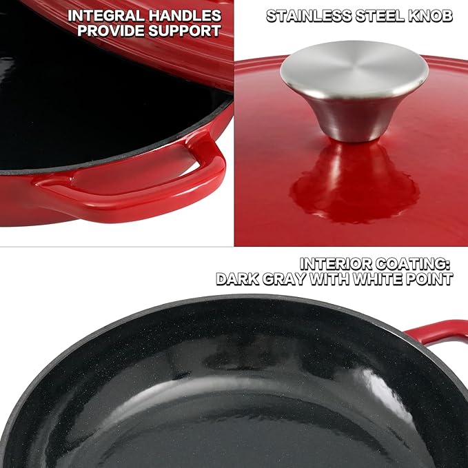 Flavehc Braiser Enameled Cast Iron Braiser 2.25 qt Braiser Pan with Lid Red Shallow Cast Iron Casserole Braiser Pan with Handels