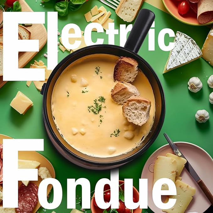 Artestia Swiss Design 2-QT Electric Fondue Pot for Cheese, 1500W Ceramic Chocolate Melting Pot with Adjustable Temperature, 6 Fondue Forks, White Ceramic Pot with Rose-Gold Base (Black)