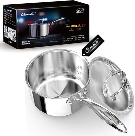 Ciwete 2 Quart Sauce Pan with Lid, Tri Ply Stainless Steel Saucepan 2 Qt with Stainless Steel Lid, 2 Measuring Lines, Upgraded Packaging, Cool Ergonomic Handle, Dishwasher & Oven Safe