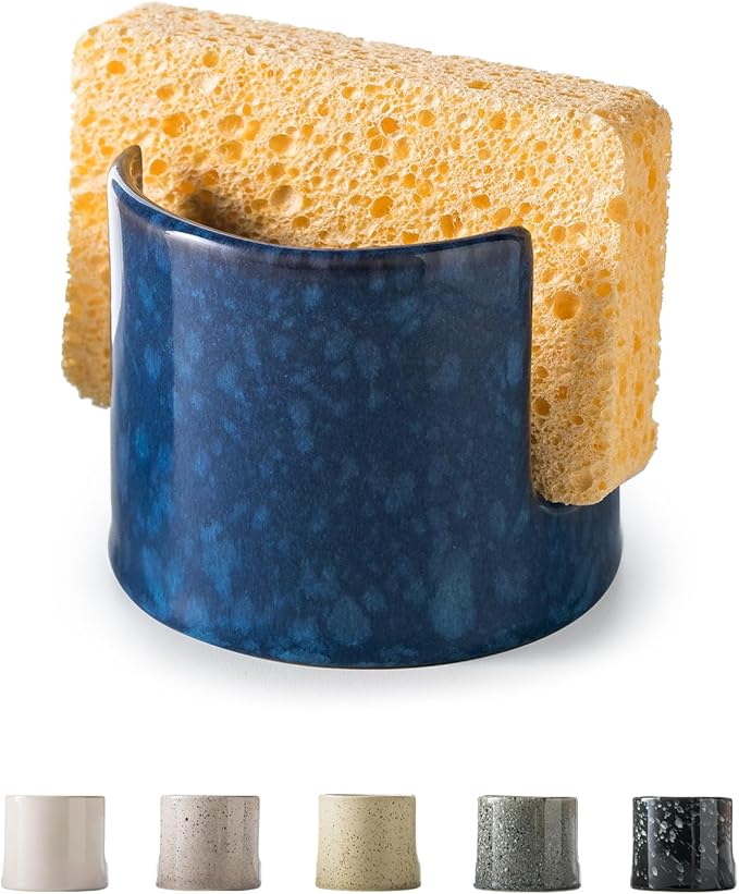 Kitchen Sponge Holder, Ceramic Sponge Organizer Scrubby Holder Dish Rack for Kitchen and Bathroom, Farmhouse Decor, Blue