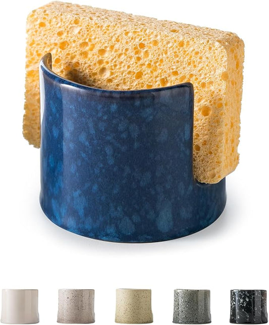 Kitchen Sponge Holder, Ceramic Sponge Organizer Scrubby Holder Dish Rack for Kitchen and Bathroom, Farmhouse Decor, Blue